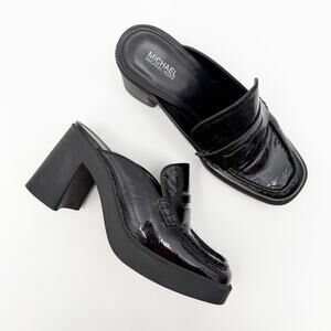 MICHAEL Michael Kors Mule SZ 8 Eden Crackle Patent Leather Platform Black Heel
